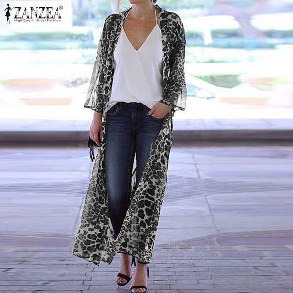 

fashion 2020 summer leopard printed cardigan zanzea women bohemian party shirt vestidos long sleeve beach long blouse tunic1, White