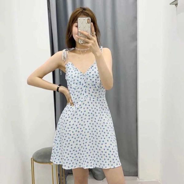 

summer new versatile korean style 2020 slim body wave point floral sling open back mini dress, Black;gray