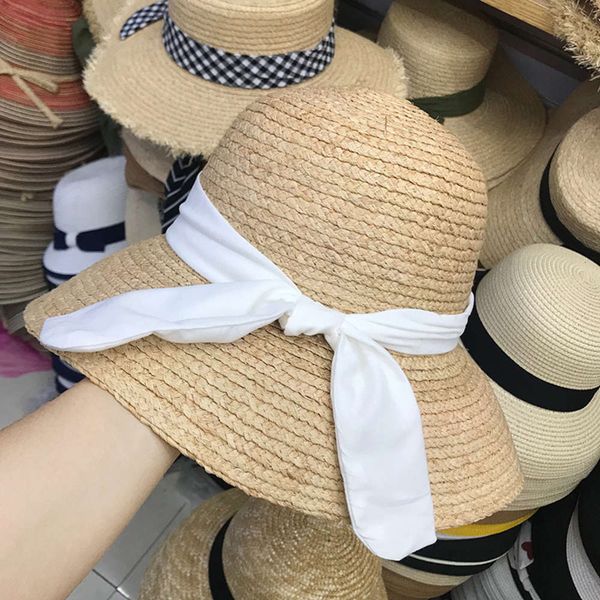 

spring new holiday 2020 beach bow sun shade korean chic lafite straw hat, Blue;gray