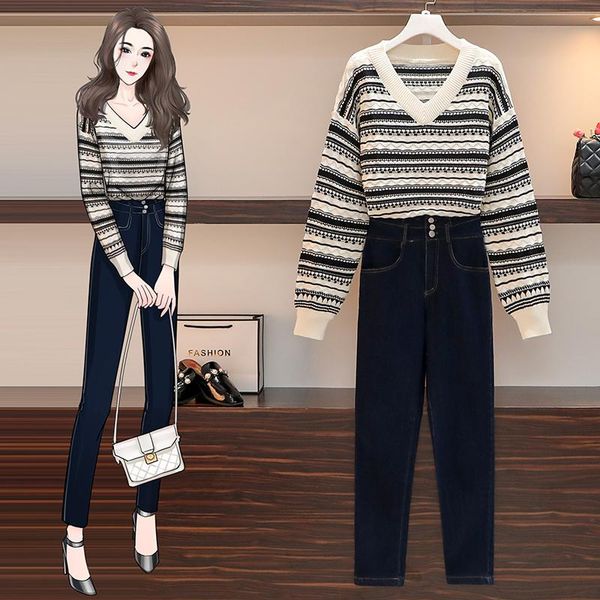 

women's tracksuits casual suits 2021 autumn winter striped v-neck sweaters pullovers and long jeans two piece set female denim pants, Gray