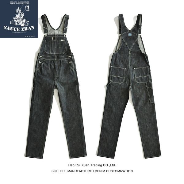 

saucezhan bd01 bib vintage torn selvedge raw denim overalls for suspender men blue jeans 201111