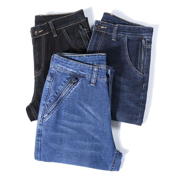 

men's jeans brand mens business casual trousers male denim slim fit tall men thick cotton pants autumn fashion plus big size black, Blue