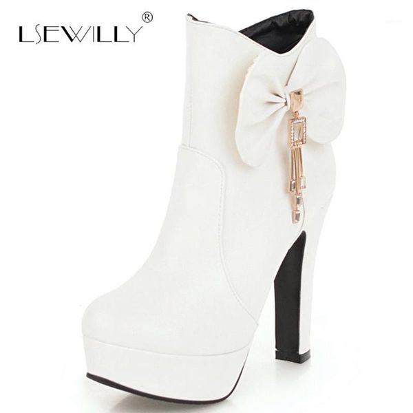 

lsewilly women boots square high heels shoes bowtie round toe zipper ankle boots short plush winter shoes woman size 32-48 s8011, Black