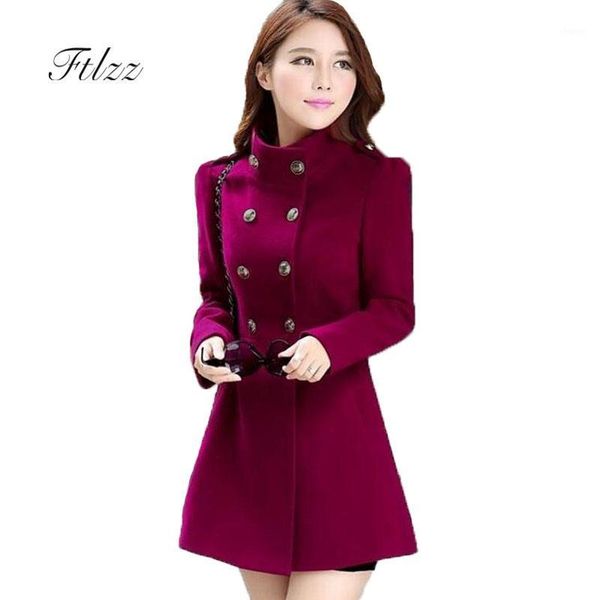 

2019 new meidum long coat woman slim long sleeve double-breasted army green faux wool coats spring autumn korean coats for women1, Black