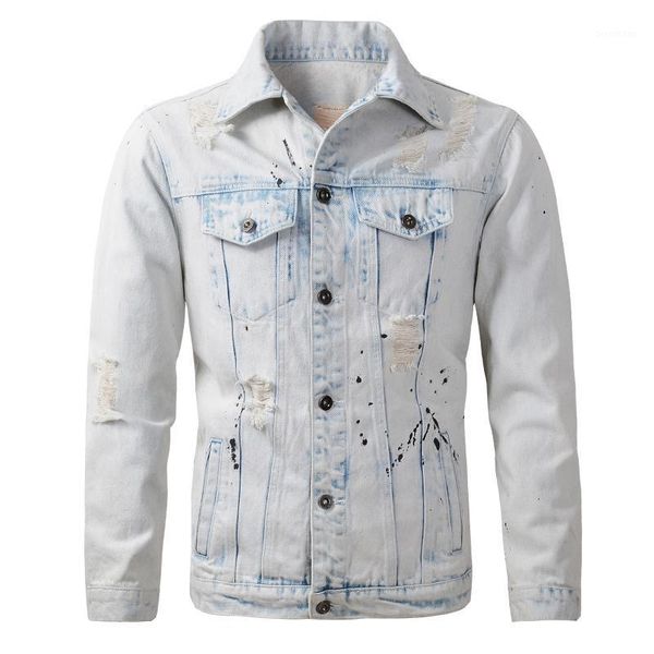 

hip hop coats men denim full sleeve single breasted turn-down collar hole letter printed cowboy fashion male clothing1, Black;brown