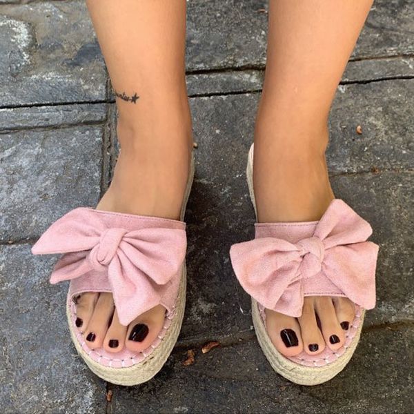 

women fabric slippers bowtie female hemp women's thick bottom outside platform shoes female fashion beautiful slipper plus size x1020, Black