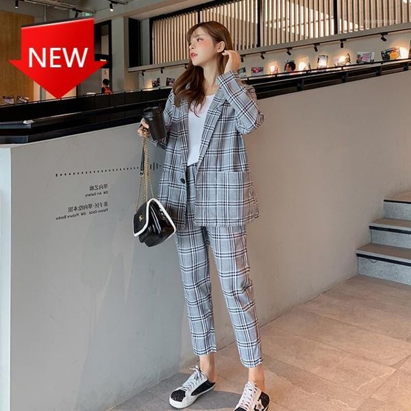 

women's two piece pants pant suit oversized long blazer+elastic waist plaid pencil vintage ladies blazers 2 2021 summer casual women&#0, White
