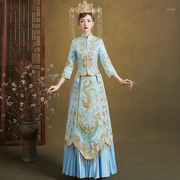 

chinese traditional wedding dress cheongsam phoenix clothing qipao embroidery blue satin for woman gold brocade gown1, Red