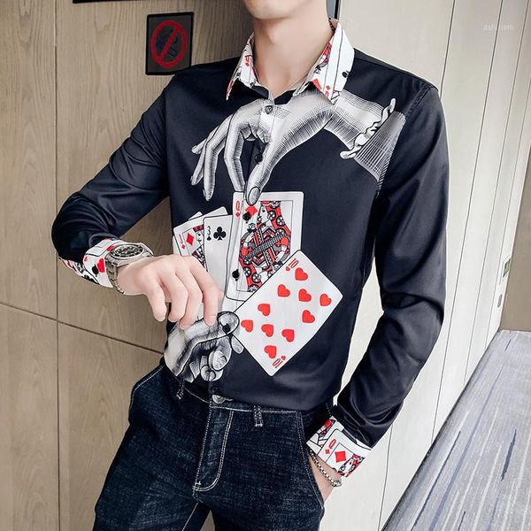 

designer poker printing camisa masculina men shirt long sleeve casual shirts streetwear socia slim fit dress shirt blouse1, White;black