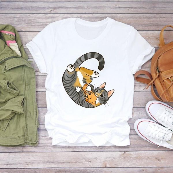 

women cartoon cat short sleeve fashion 90s clothing summer shirt t-shirts t graphic female ladies womens tee t-shirt, White