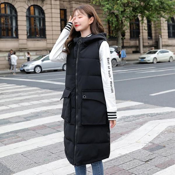 

women's vests 2021 winter long vest women hooded sleeveless solid plus size thick parkas woman korean style loose casual jacket, Black;white