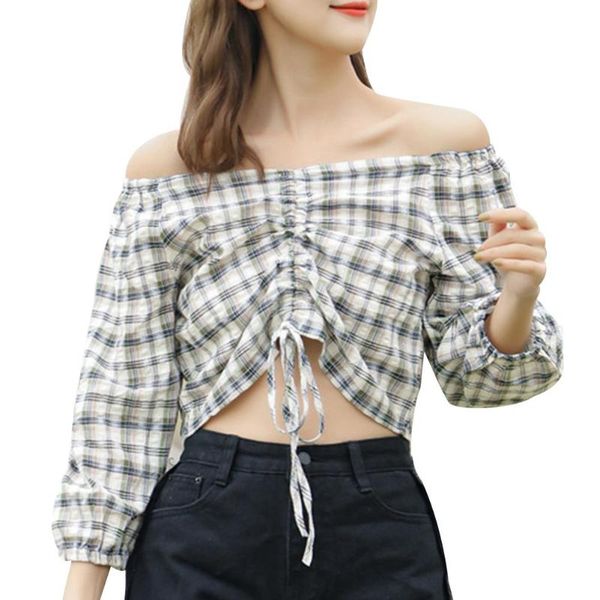 

women stylish summer thin plaid off shoulder long sleeve drawstring leisure chiffon tube blouse shirt, White