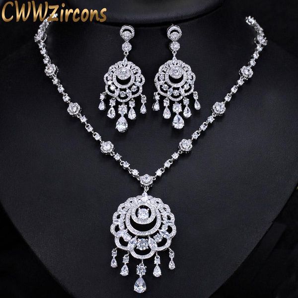 

cwwzircons luxury bohemia big long tassel drop necklace earrings cz bridal jewelry sets for women wedding party costume t301, Silver