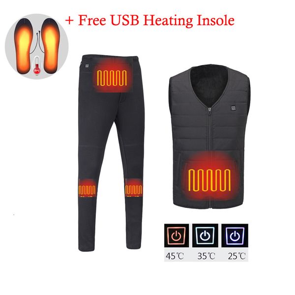

winter men usb electric heated set thermal underwear fever vest+fleece pants heating ski outdoor hiking climbing clothing, Black;brown