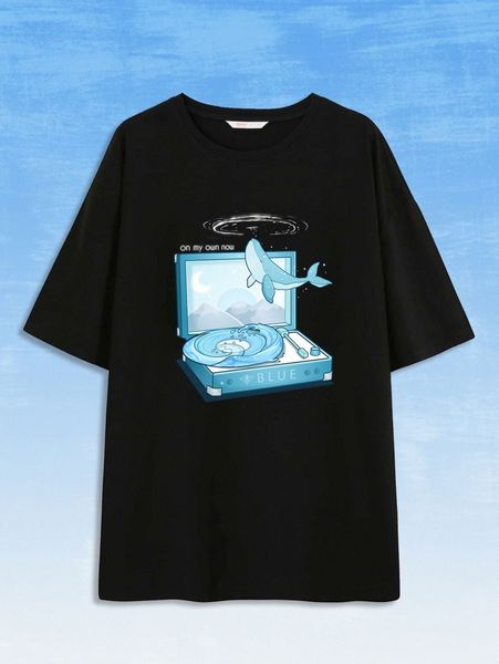 

romwe x beereckless whale & letter graphic tee i4ey#, White