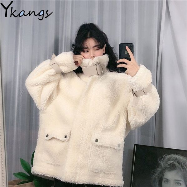 

winter warm white soft jacket women sweet plus size 4xl faux fur coat ladies plush overcoat pocket casual teddy outerwear 201214, Black