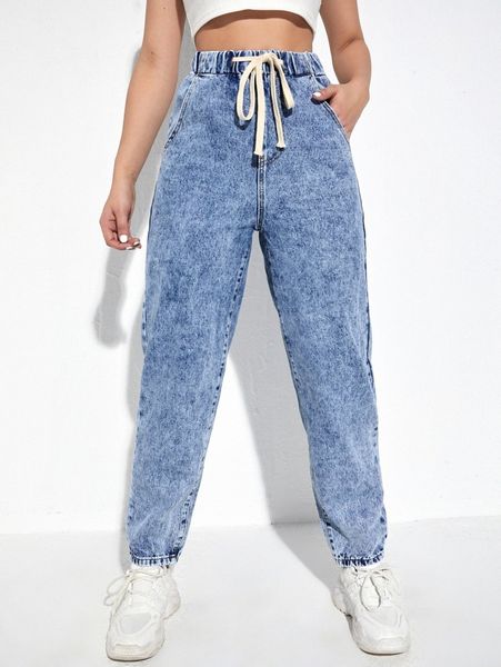 

high waisted drawstring jogger jeans t191#, Blue