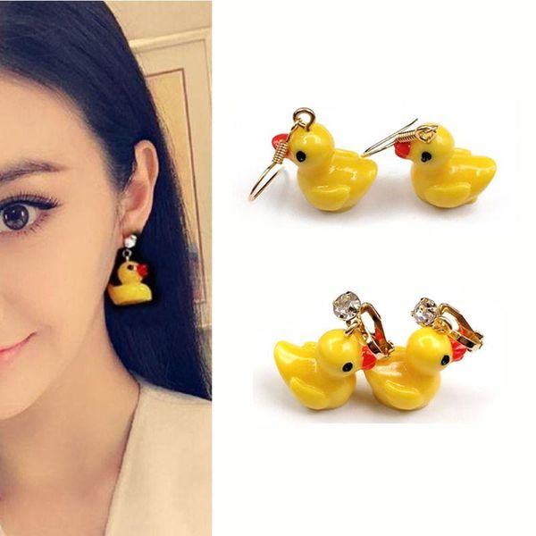 

dangle & chandelier super cute mini yellow duck drop earrings no piercingsnall animals clip on for kids fashion jewelry, Silver