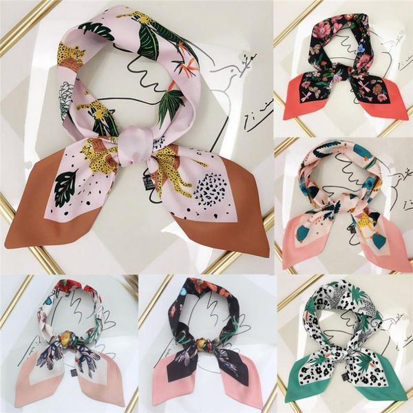 

women scarf fashion print hair tie flower leopard striped handkerchief ribbon retro handle bag chiffon headwear scarf &3o101, Black