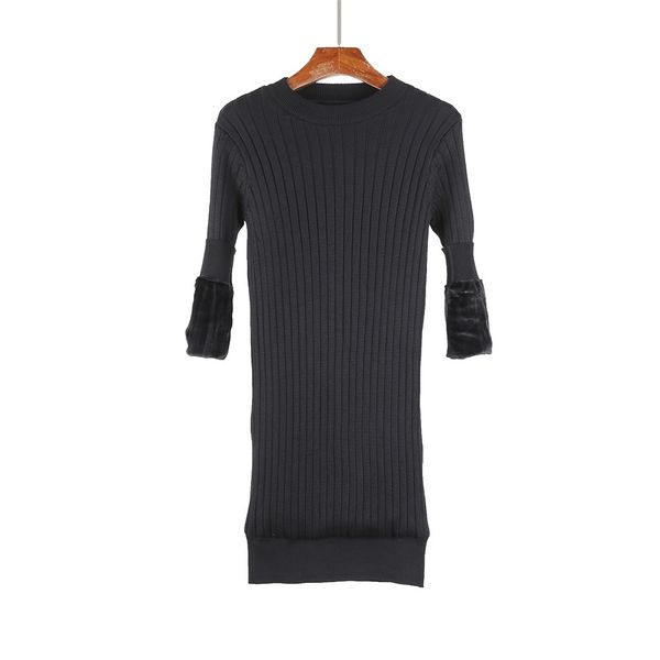 

2021 new thick warm women sleeve winter long slim rib knitted dress autumn o-neck mid-calf femme sweater dresses 8a70, White;black