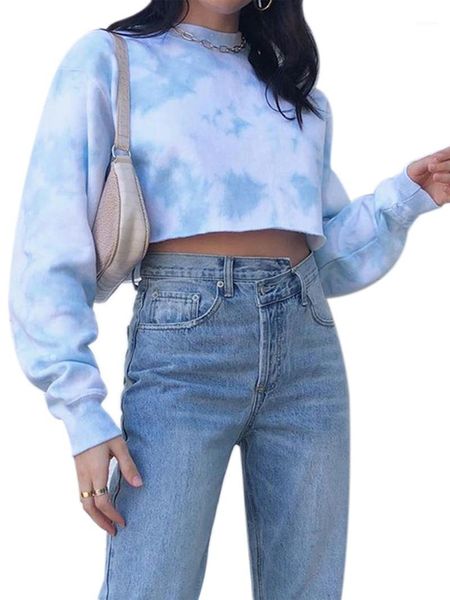 

2020 women blouse tie dye printed full length regular sleeve round neck exposed navel stylish loose clothing1, White