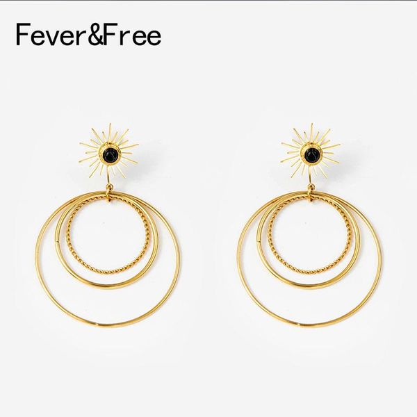 

hoop & huggie fever&bohemian gold drop earrings for women stainless steel star shape black stone big round dangle party jewelry gift, Golden;silver
