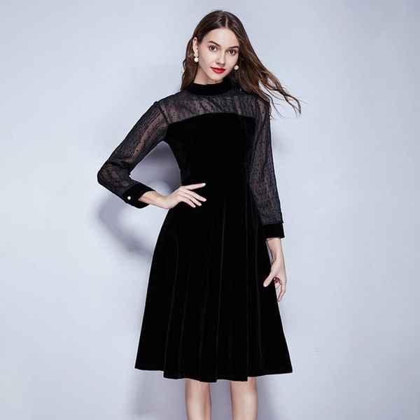 

retro temperament was thin long-sleeved chiffon velvet dress, Black;pink