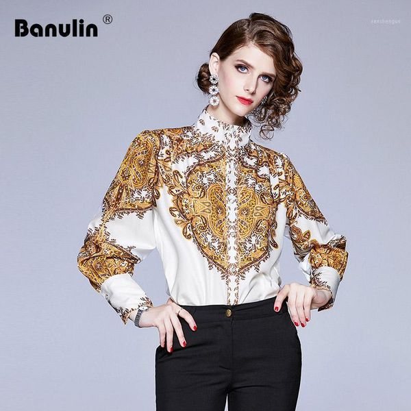 

banulin paisley print elegant blouse shirt for women stand collar lantern sleeve white yellow blouse female fashion new 20201