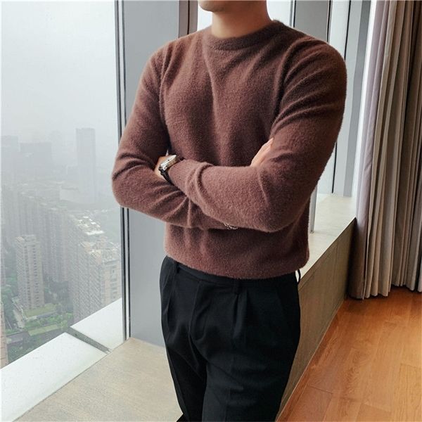 

men's korean style fashionable personalized mohair slim sweater round neck pullover sweater coffee knitted sweater for men, White;black