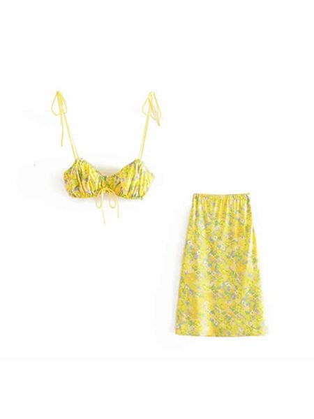 

2021 new sweet yellow floral lemon short spaghetti straps + drape high waist at knee height skirt 2 female elastic joint k7ny, Black;gray