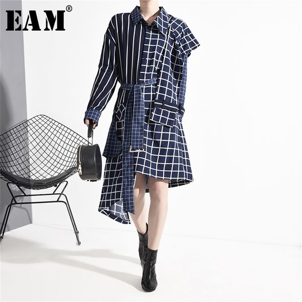 

[eam] women blue plaid split big size shirt dress new lapel long sleeve loose fit fashion tide spring autumn lj200818, Black;gray