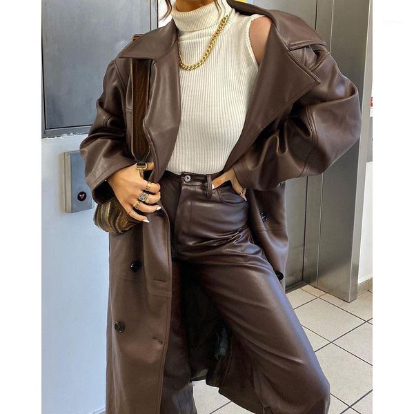 

floy fashion long double breasted trench women elegant loose coffee turn down collar trench women pu leather ladies1, Tan;black