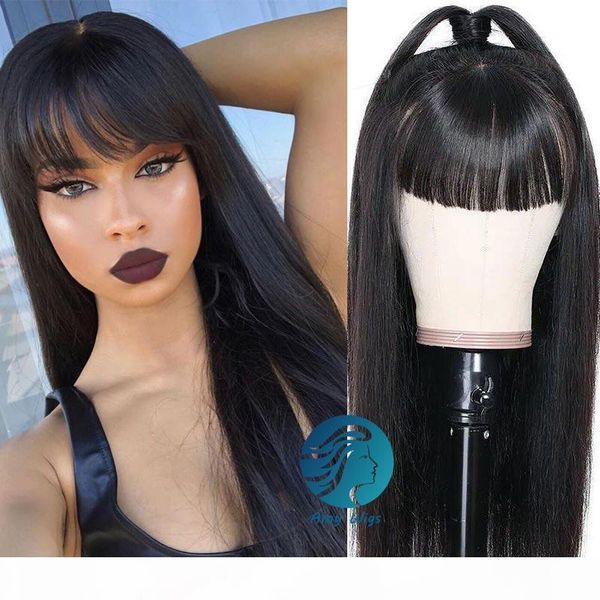 

black brazilian remy lace front human hair wigs with bangs pre plucked 180% density can make ponytail lace frontal wig for african americans, Black;brown