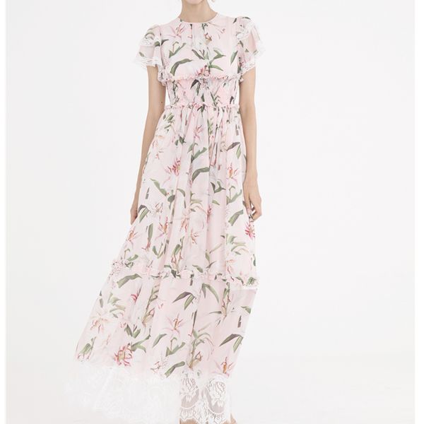 

printed flower woman short neck 2021 new summer elastic waistline runway design dress women's party vo9r, Black;gray