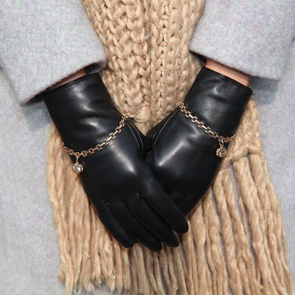 

latest gloves imported sheepskin real leather woman gloves chain decoration winter thicken plus velvet female black dq6115 201020, Blue;gray