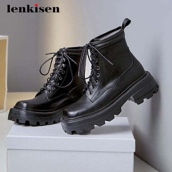 

boots lenkisen short genuine leather platform noble coolest square toe thick high heel lace up pretty girls ankle l6f1, Black