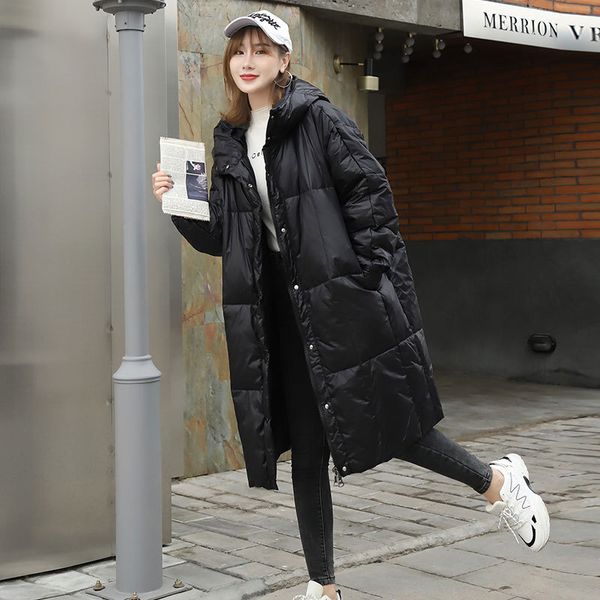 

yixin 2020 new women's down jacket long over the knee thickening korean loose trend winter coat, Black