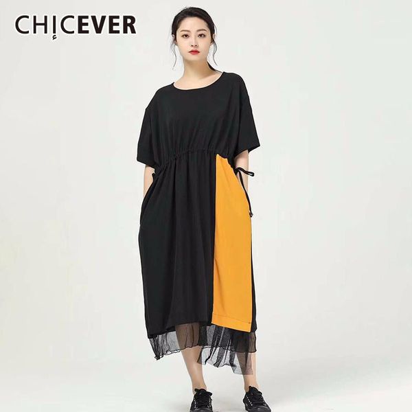 

chicever drawstring hit color patchwork mesh women's dress o neck pocket loose oversize midi dresses 2020 summer fashion clothes1, Black;gray