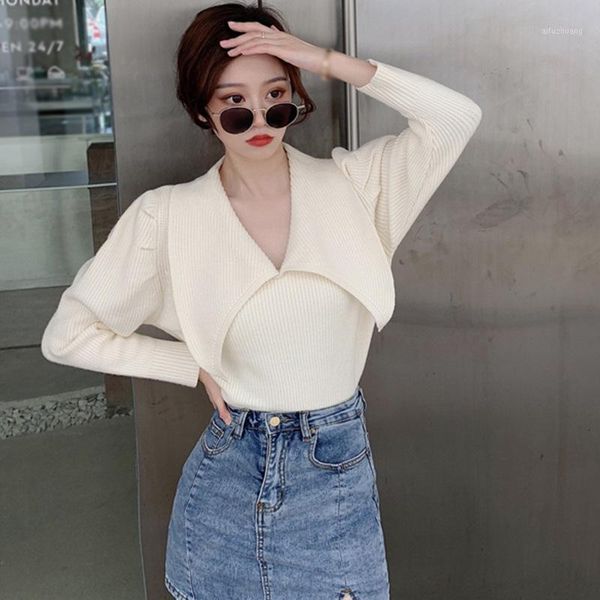 

winter fashion lapel bubble sleeve sweater women sweet long sleeve comfortable versatile knitwear1, White;black