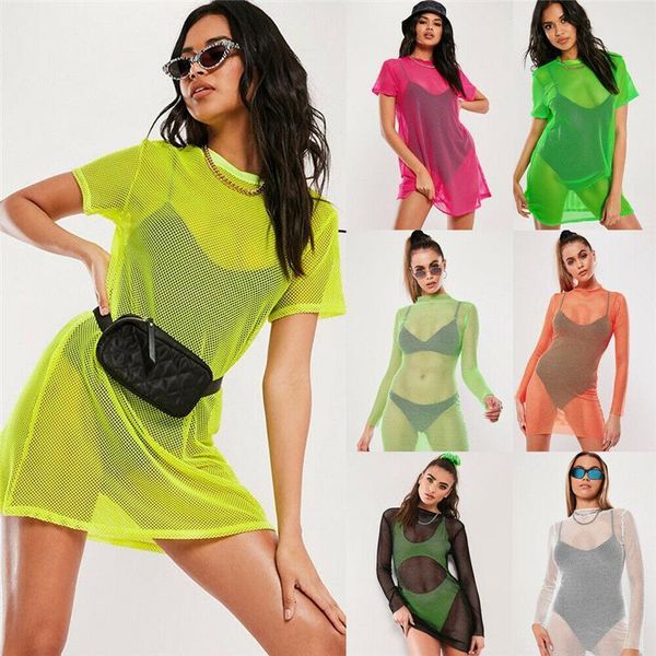 

net beach dress cover up women long short sleeve neon color beach bikini cover ups sheer bathing suit swimwear, Black;gray