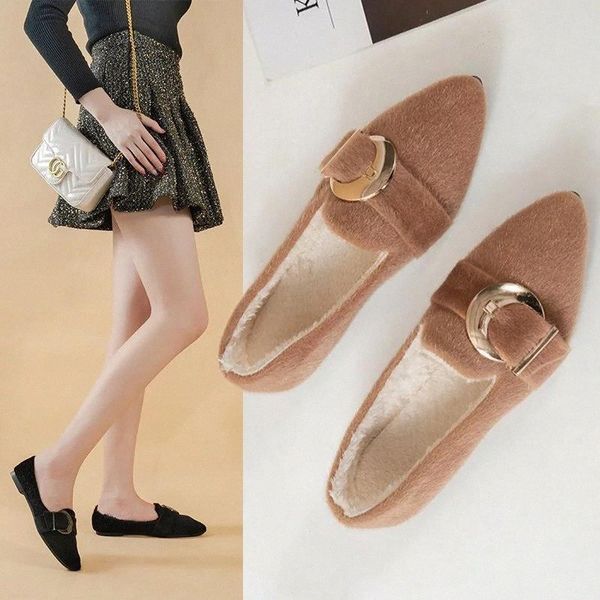 

2020 winter women flats plush warm loafers pointed toe fluffy slip on shoes woman wool buckle boat shoe zapatos mujer 8869n #pc5r, Black