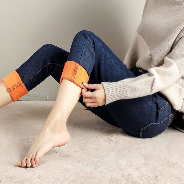 

athvotar winter velvet leggings for women warm pants high waist pencil pant push up leggings solid color jeans 201203, Black