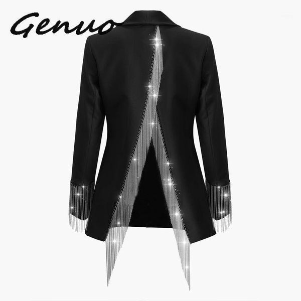 

genuo new heavy chains tassel coats female long sleeve single button backless irregular overcoat women 2020 spring1, Black;brown