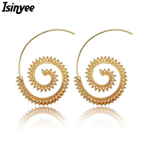 

hoop & huggie isinyee fashion punk swirl earrings for women small round screw earring antique gold brincos tibetan silver jewelry, Golden;silver