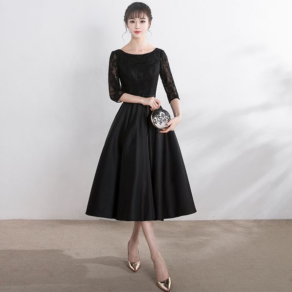 

Robe de soiree Black Tea-Length O-Neck lace up evening dress Party Dresses prom dresses tailor Custom made