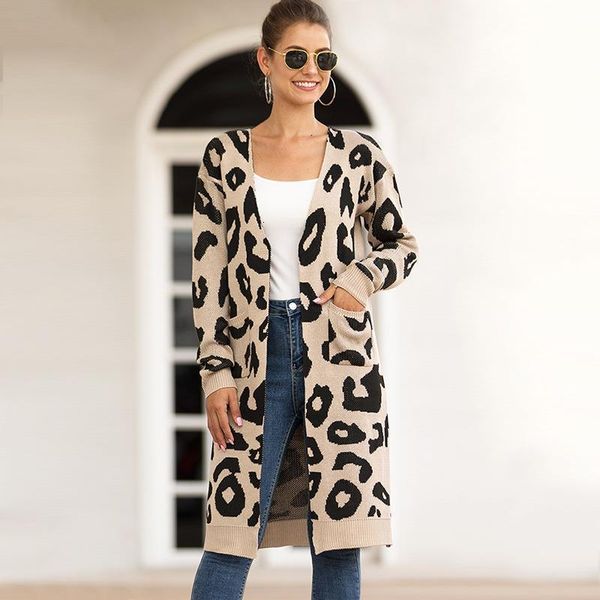 

women leopard knitted long cardigan long sleeve sweater overcoat for female women 2021 autumn new outwear coats women autumn, White;black