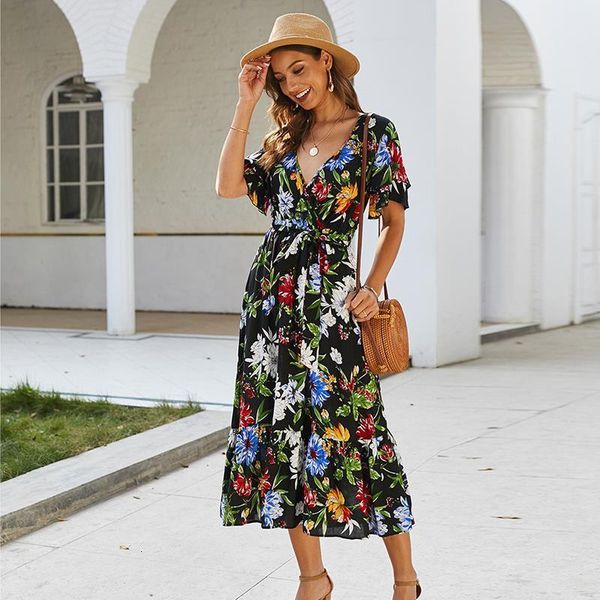 

women floral print long beach dress summer boho maxi sundress casual short sleeve elegant v-neck partywear vestidos 2020 new, Black;gray