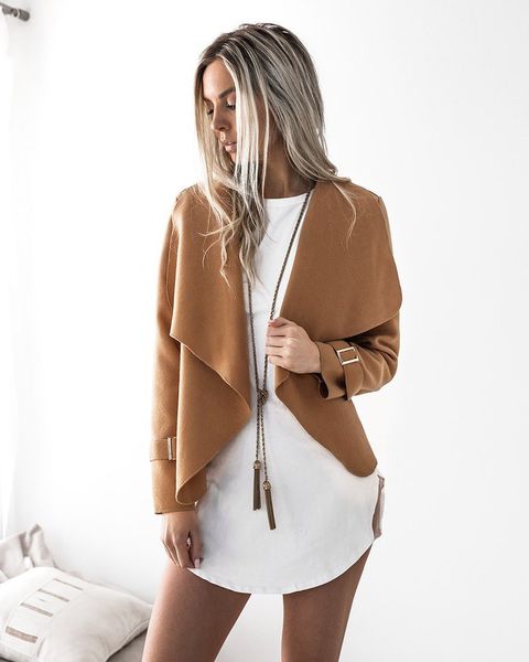 

fashion- solid wool short jacket women casual long sleeve turn-down collar open stitch slim women jacket outwear woolen female coat, Black;brown