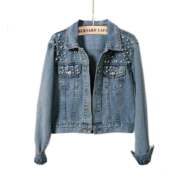 

denim autumn women jacket street dating casual long sleeve daily turn-down collar beaded shopping loose spring with pocket, Black;brown
