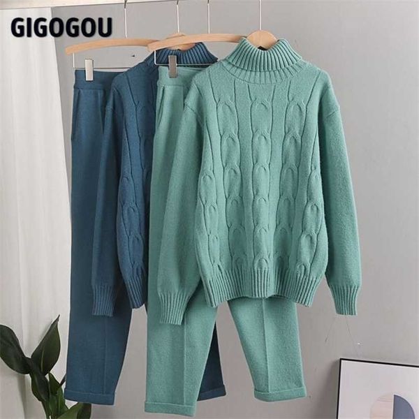 

gigogou cashmere womens tracksuits thick oversized women turtleneck sweater 2/two piece sets drawstring harem pant suits outfits 211221, White